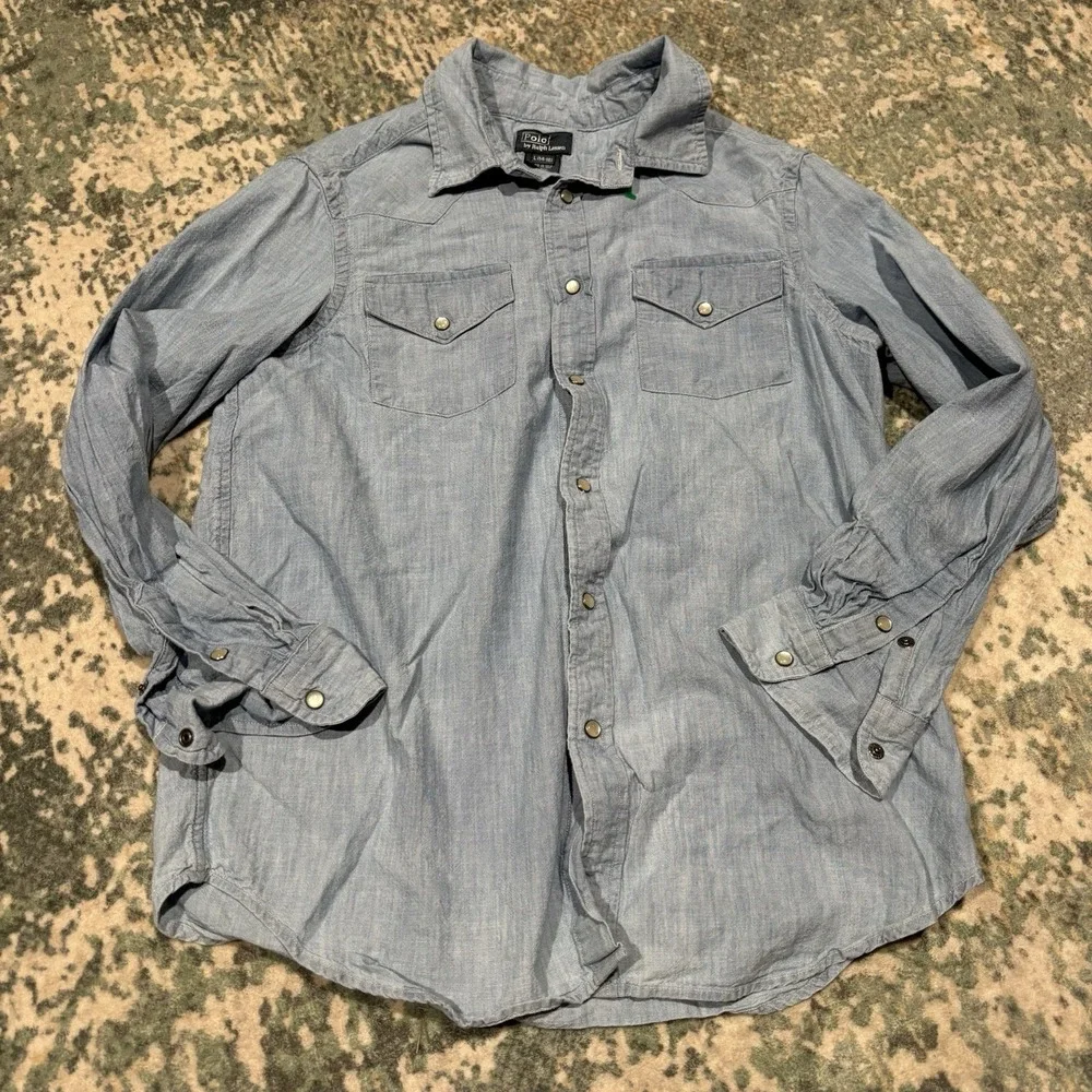 Vintage Polo Ralph Lauren Boys L 14-16 Pearl Snap Denim Shirt Long Sleeve
